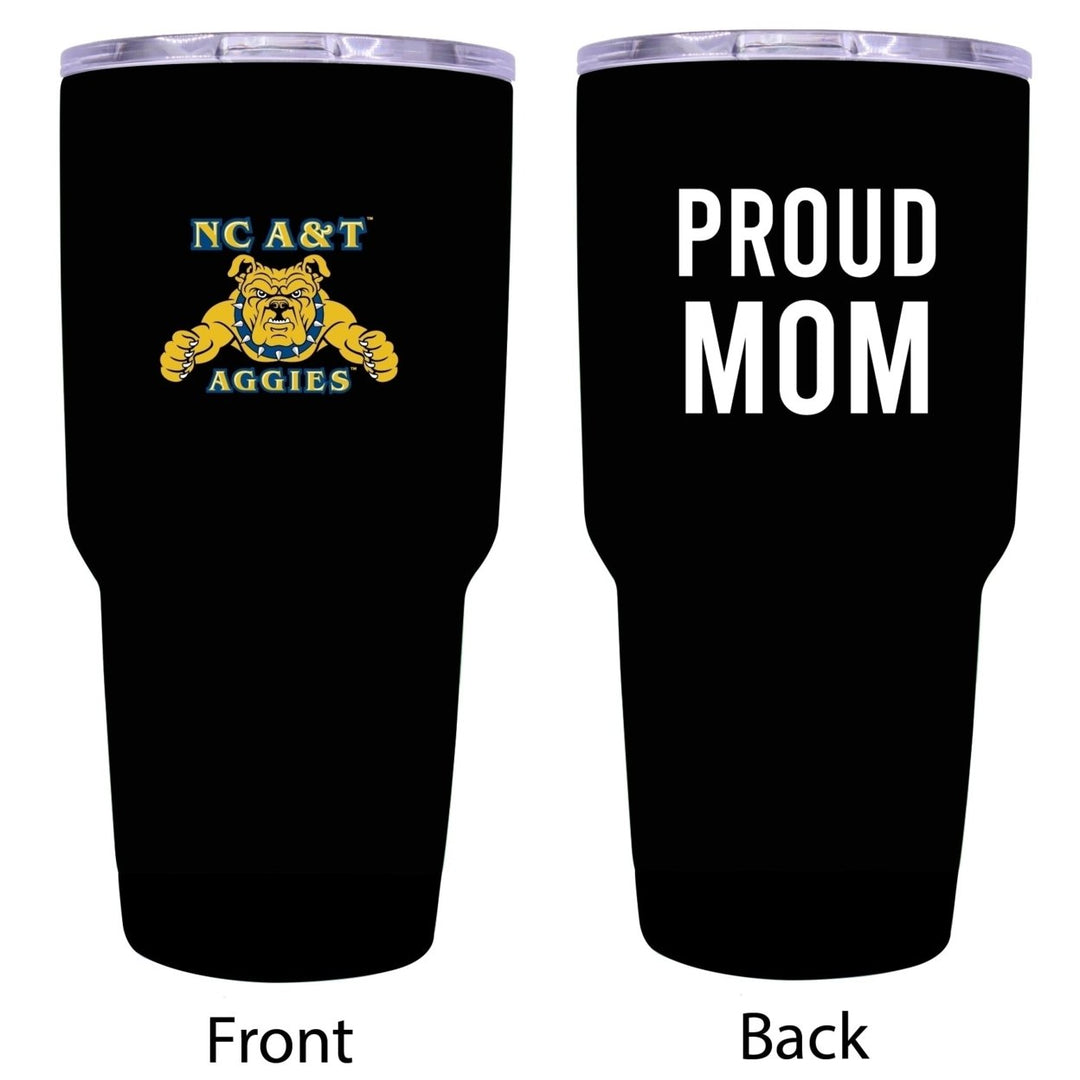 R and R Imports North Carolina AandT State Aggies Proud Mom 24 oz Insulated Stainless Steel Tumblers Black. Image 1