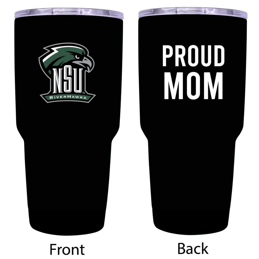 R and R Imports Northeastern State University Riverhawks Proud Mom 24 oz Insulated Stainless Steel Tumblers Black. Image 1