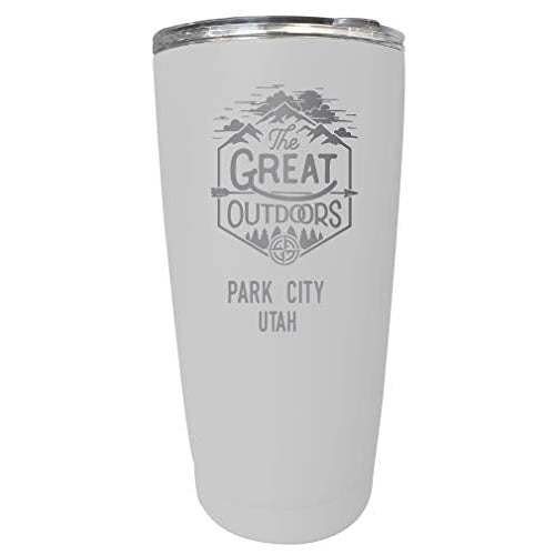 R and R Imports Park City Utah Etched 16 oz Stainless Steel Insulated Tumbler Outdoor Adventure Design White White. Image 1