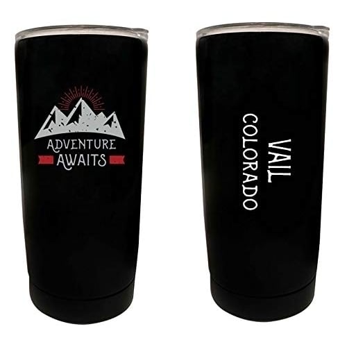 R and R Imports Vail Colorado Souvenir 16 oz Stainless Steel Insulated Tumbler Adventure Awaits Design Black. Image 1