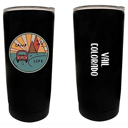 R and R Imports Vail Colorado Souvenir 16 oz Stainless Steel Insulated Tumbler Camp Life Design Black. Image 1