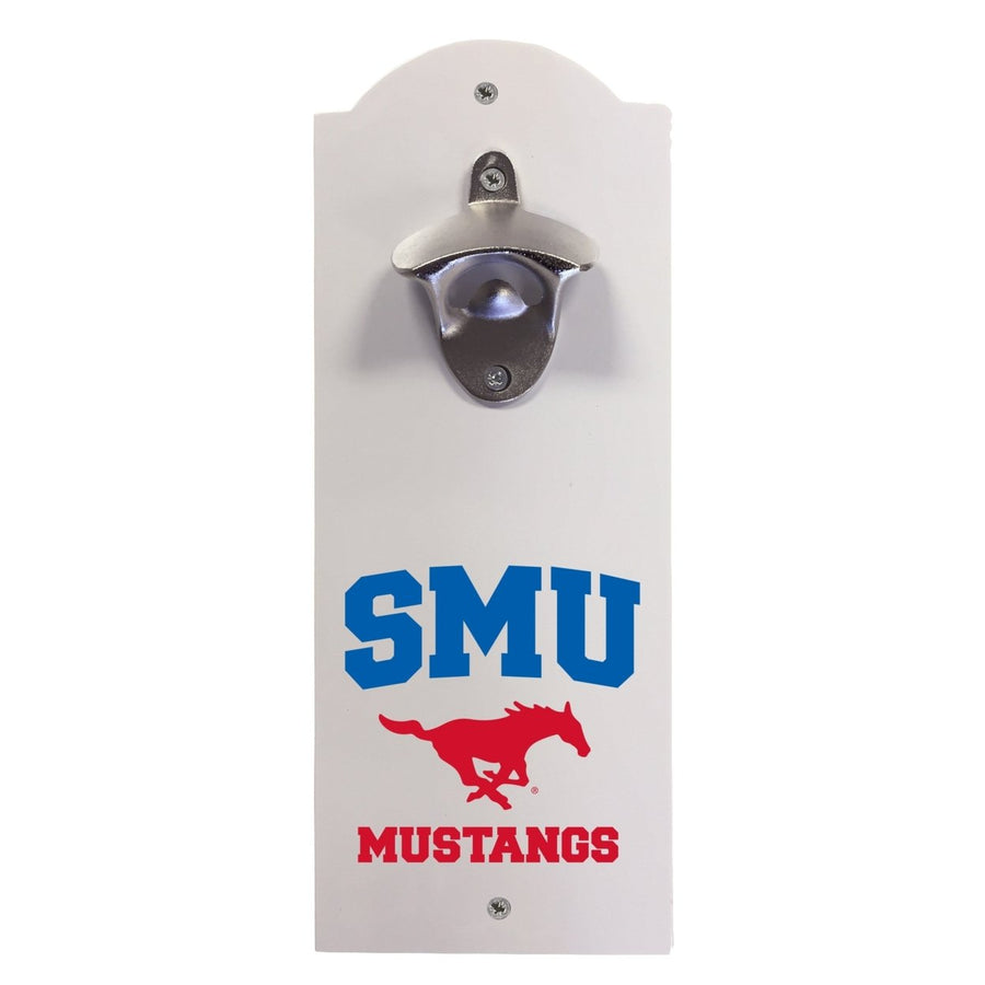 Southern Methodist University Wall-Mounted Bottle Opener  Sturdy Metal with Decorative Wood Base for Home Bars Rec Image 1