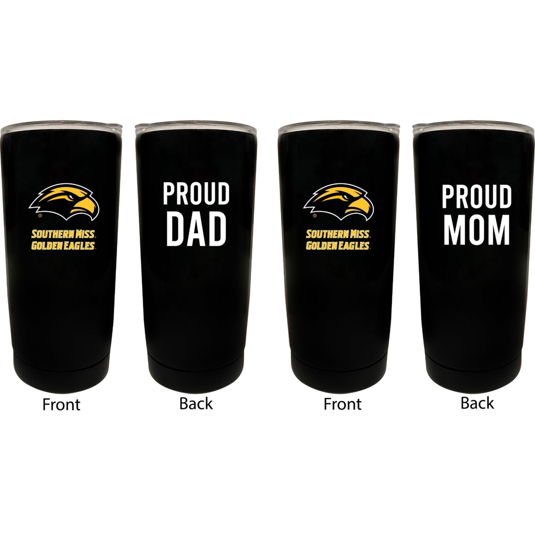 Southern Mississippi Golden Eagles Proud Mom and Dad 16 oz Insulated Stainless Steel Tumblers 2 Pack Black. Image 1