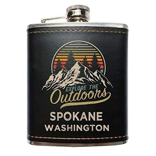Spokane Washington Black Leather Wrapped Flask Image 1