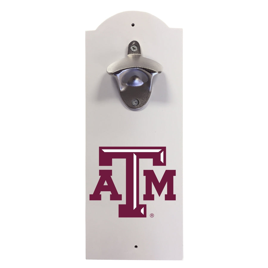 Texas AandM Aggies Wall-Mounted Bottle Opener  Sturdy Metal with Decorative Wood Base for Home Bars Rec Rooms and Fan Image 1