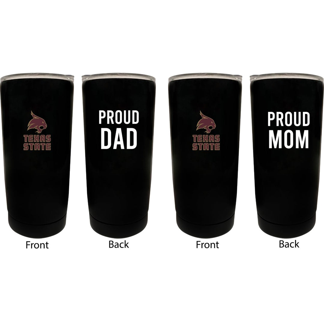 Texas State Bobcats Proud Mom and Dad 16 oz Insulated Stainless Steel Tumblers 2 Pack Black. Image 1