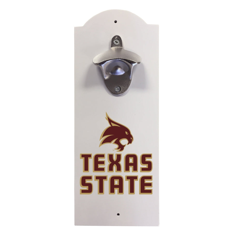 Texas State Bobcats Wall-Mounted Bottle Opener  Sturdy Metal with Decorative Wood Base for Home Bars Rec Rooms and Fan Image 1