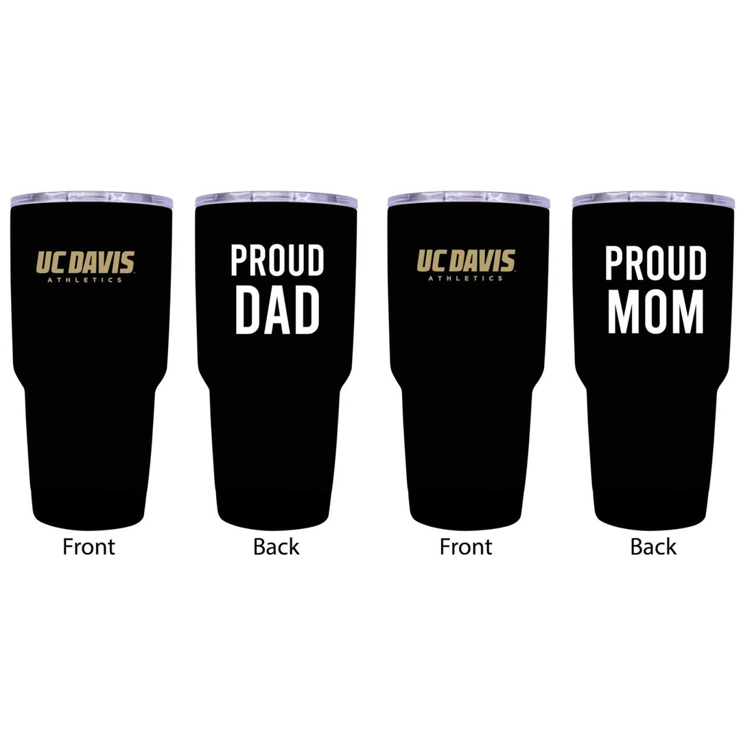 UC Davis Aggies Proud Mom and Dad 24 oz Insulated Stainless Steel Tumblers 2 Pack Black. Image 1