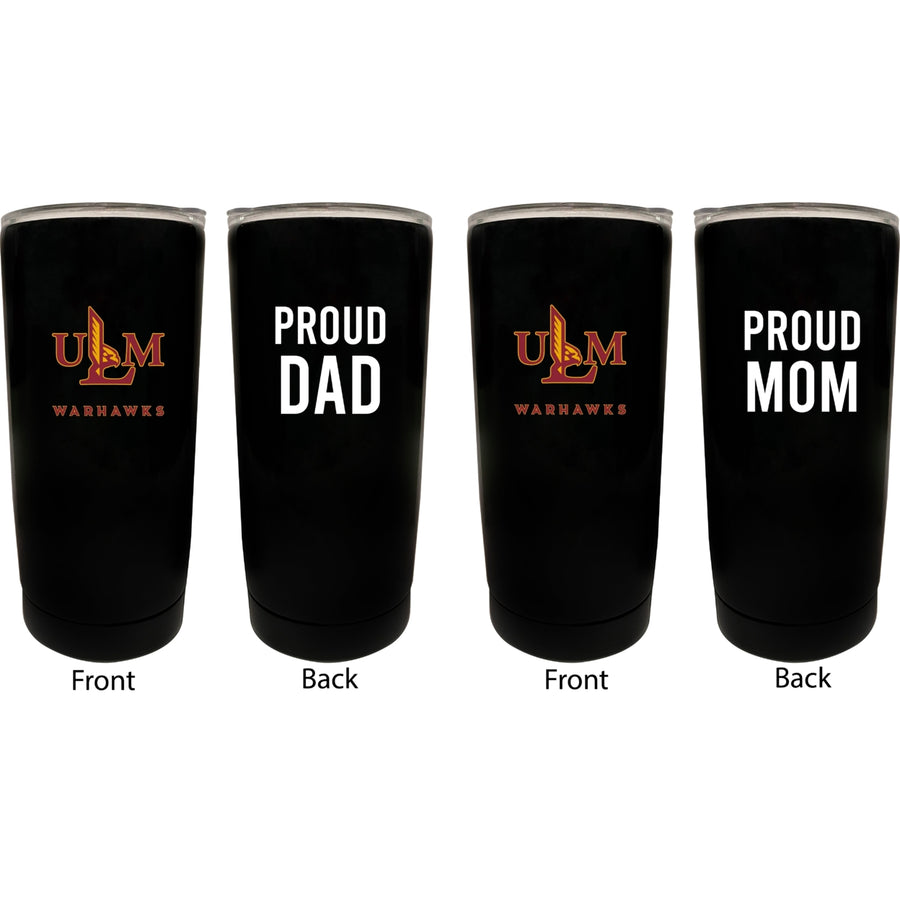 University of Louisiana Monroe Proud Mom and Dad 16 oz Insulated Stainless Steel Tumblers 2 Pack Black. Image 1