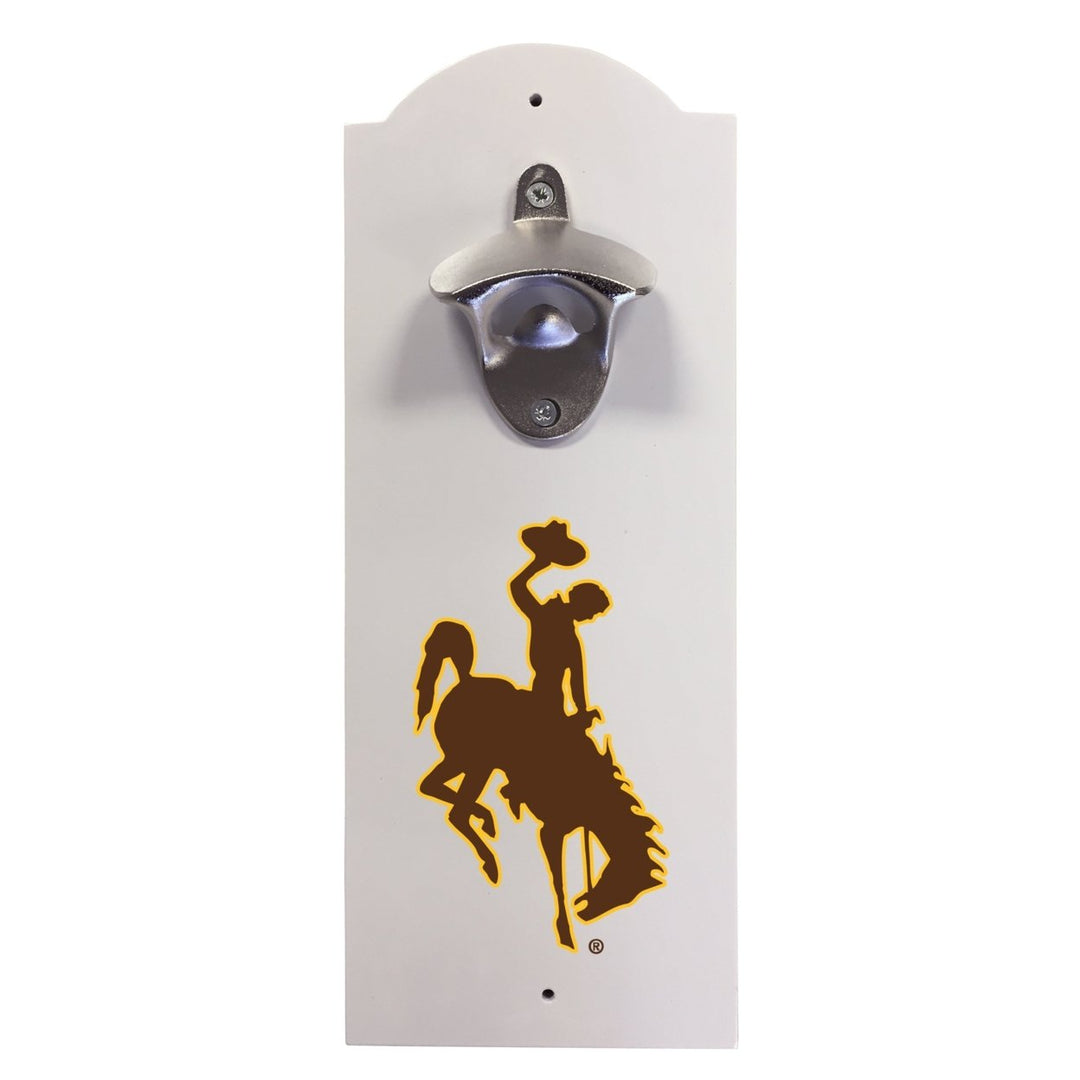 University of Wyoming Wall-Mounted Bottle Opener  Sturdy Metal with Decorative Wood Base for Home Bars Rec Rooms and Image 1