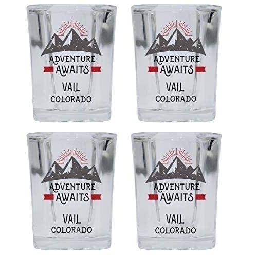 Vail Colorado Souvenir 2 Ounce Square Base Liquor Shot Glass Adventure Awaits Design 4-Pack Image 1