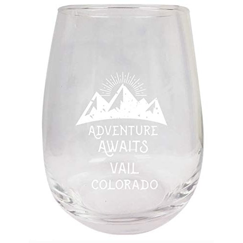 Vail Colorado Souvenir 9 Ounce Laser Engraved Stemless Wine Glass Adventure Awaits Design 2-Pack Image 1