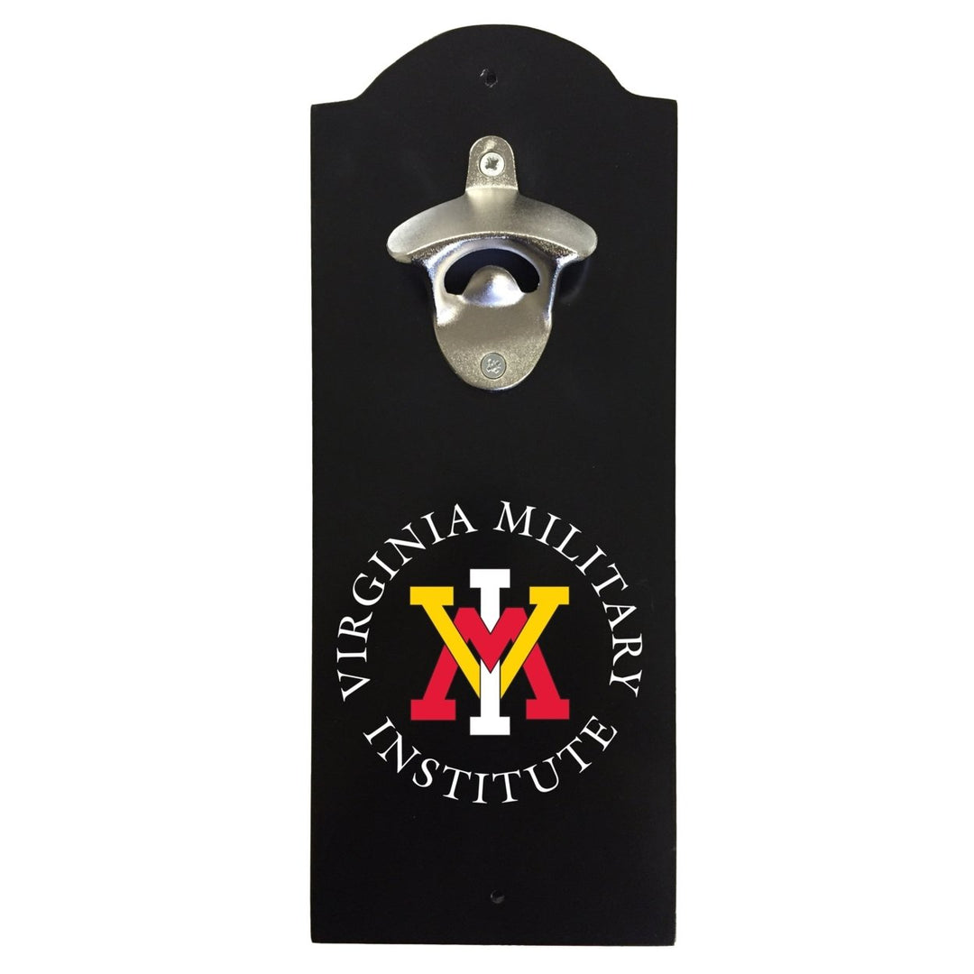 VMI Keydets Wall-Mounted Bottle Opener  Sturdy Metal with Decorative Wood Base for Home Bars Rec Rooms and Fan Caves Image 1