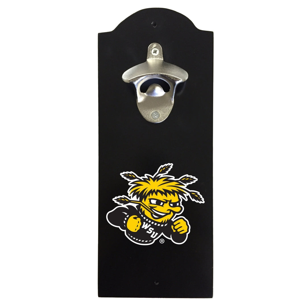 Wichita State Shockers Wall-Mounted Bottle Opener  Sturdy Metal with Decorative Wood Base for Home Bars Rec Rooms and Image 1