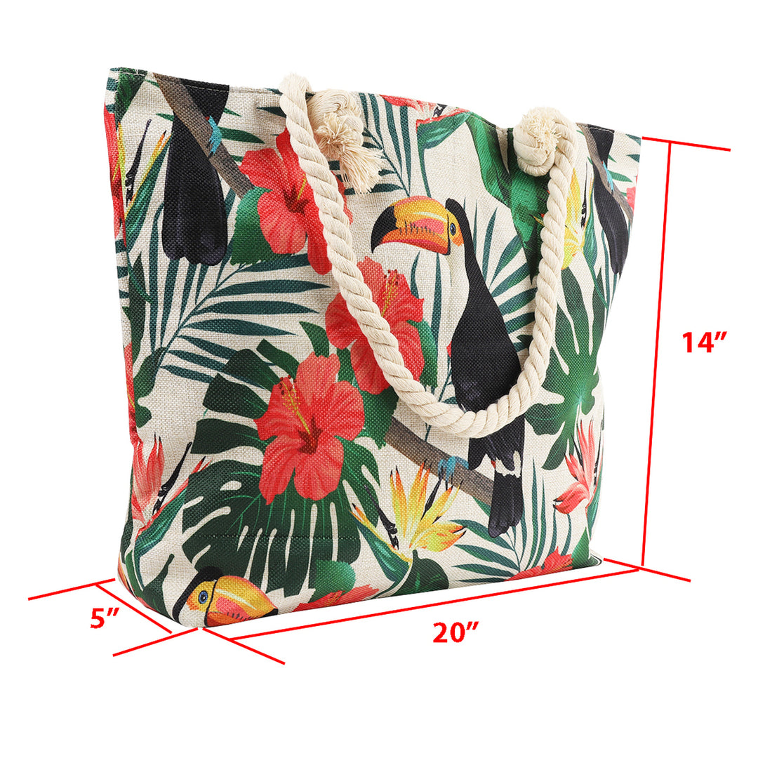 Canvas Tote Bag Toucan Bird Beach Bag Tropical Summer Cute Ladies Tote Bag Shoulder Tote Bag Zippered with Pocket Image 6