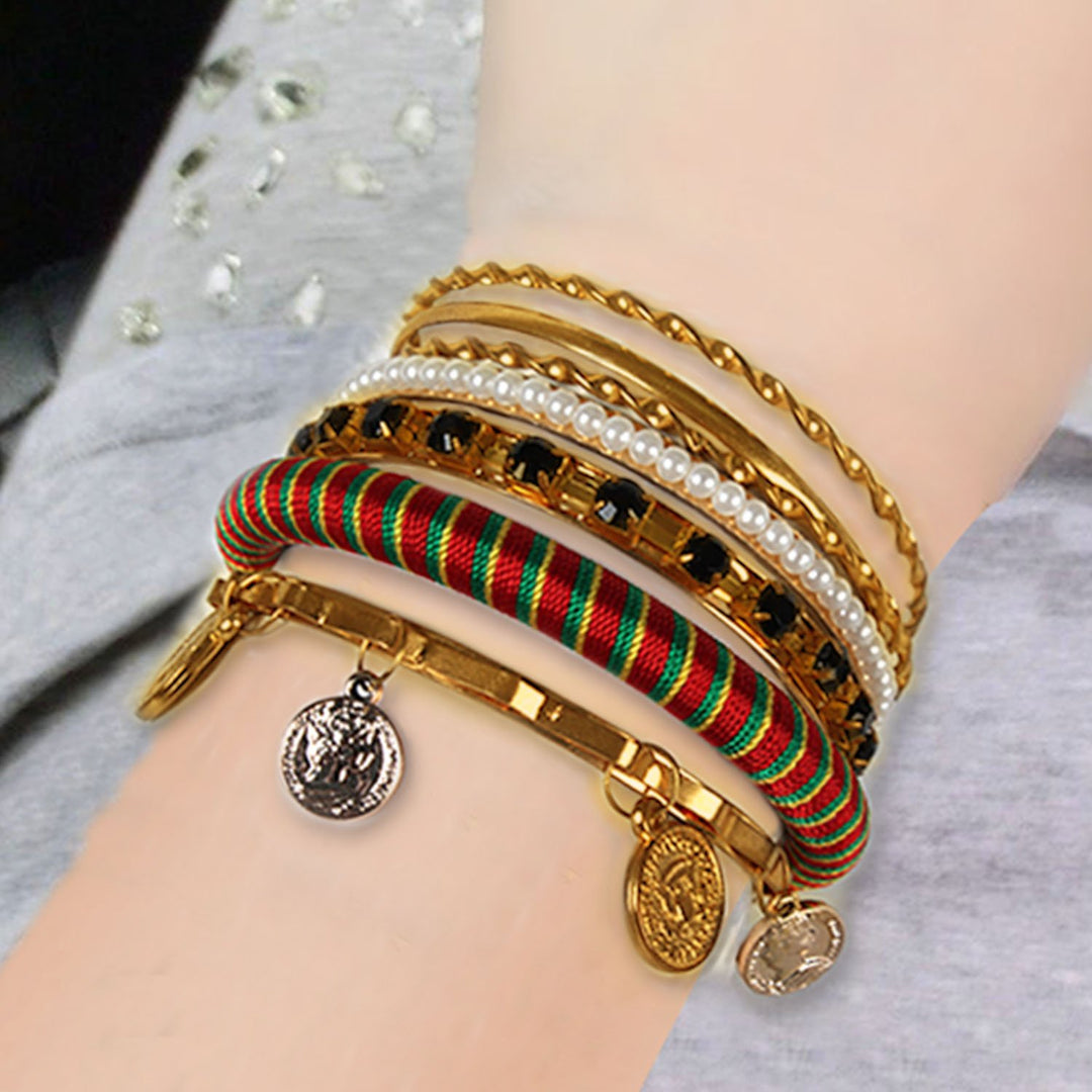 7Pcs Bohemia Gold Bracelet Set Alloy Bangle Jewelry 7cm Diameter 68g Image 1