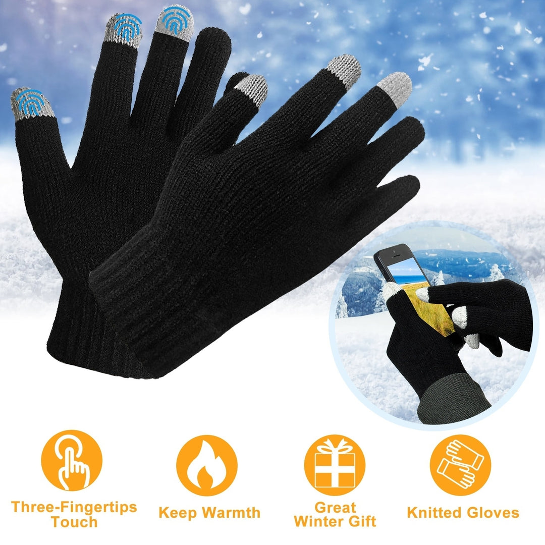 Unisex Black Winter Touch Screen Gloves Full Finger Knitted Acrylic Size M Image 1