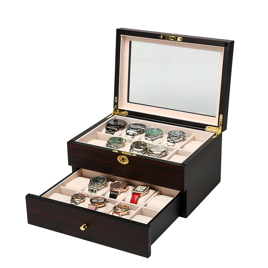 20 Slots Wooden Watch Display Case Glass Top Jewelry Collection Storage Box Organizer Image 1