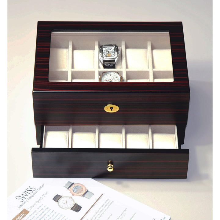 20 Slots Wooden Watch Display Case Glass Top Jewelry Collection Storage Box Organizer Image 3
