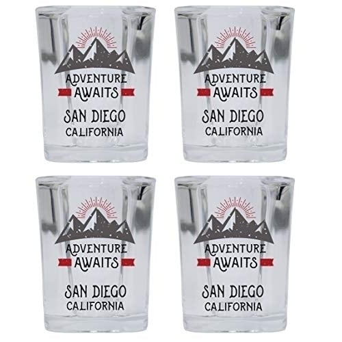 San Diego California Souvenir 2 Ounce Square Base Liquor Shot Glass Adventure Awaits Design 4-Pack Image 1