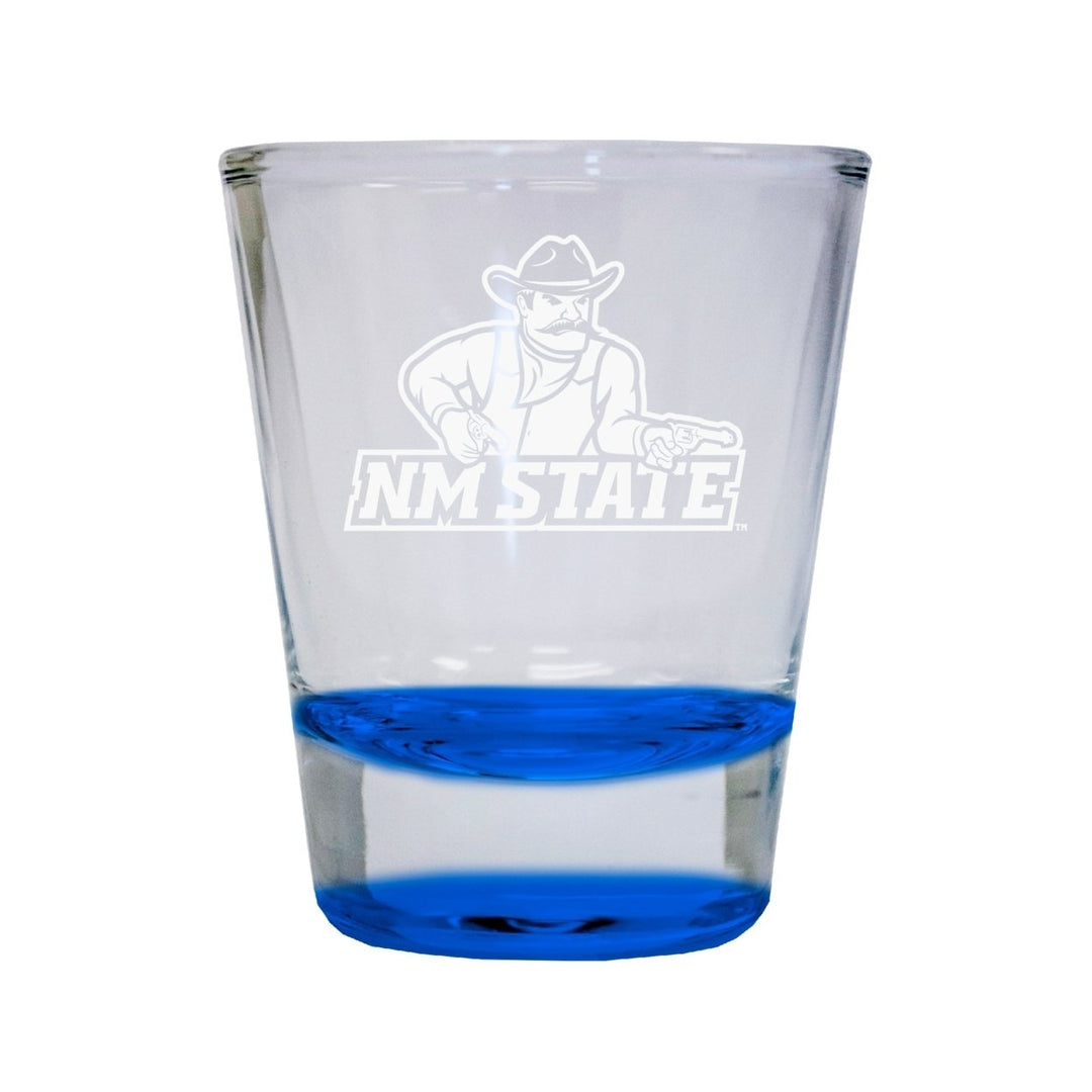 New Mexico State University Pistol Pete Etched Round Shot Glass 2 oz Blue Image 1