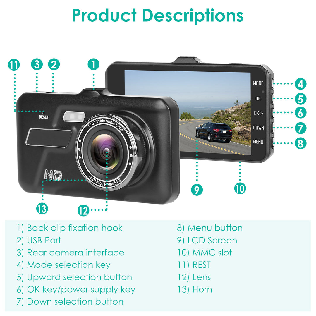 1080P Dual Dash Cam 4in Touch Screen Car Camera Recorder 170Degree HD Looping Recording Car DVR Image 7
