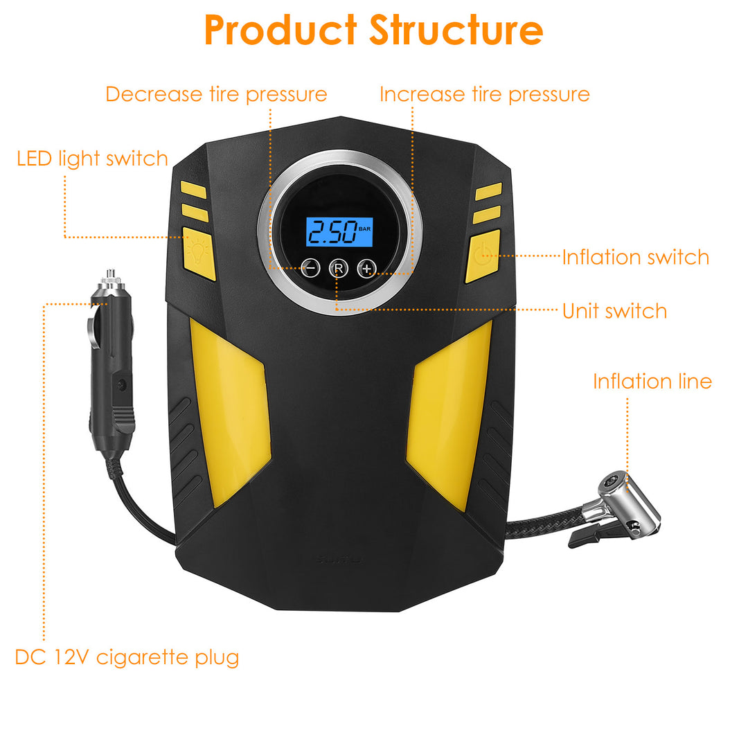 DC 12V Portable Car Tire Inflator Electric Pump 150PSI LED Light Black 5.8in Image 3