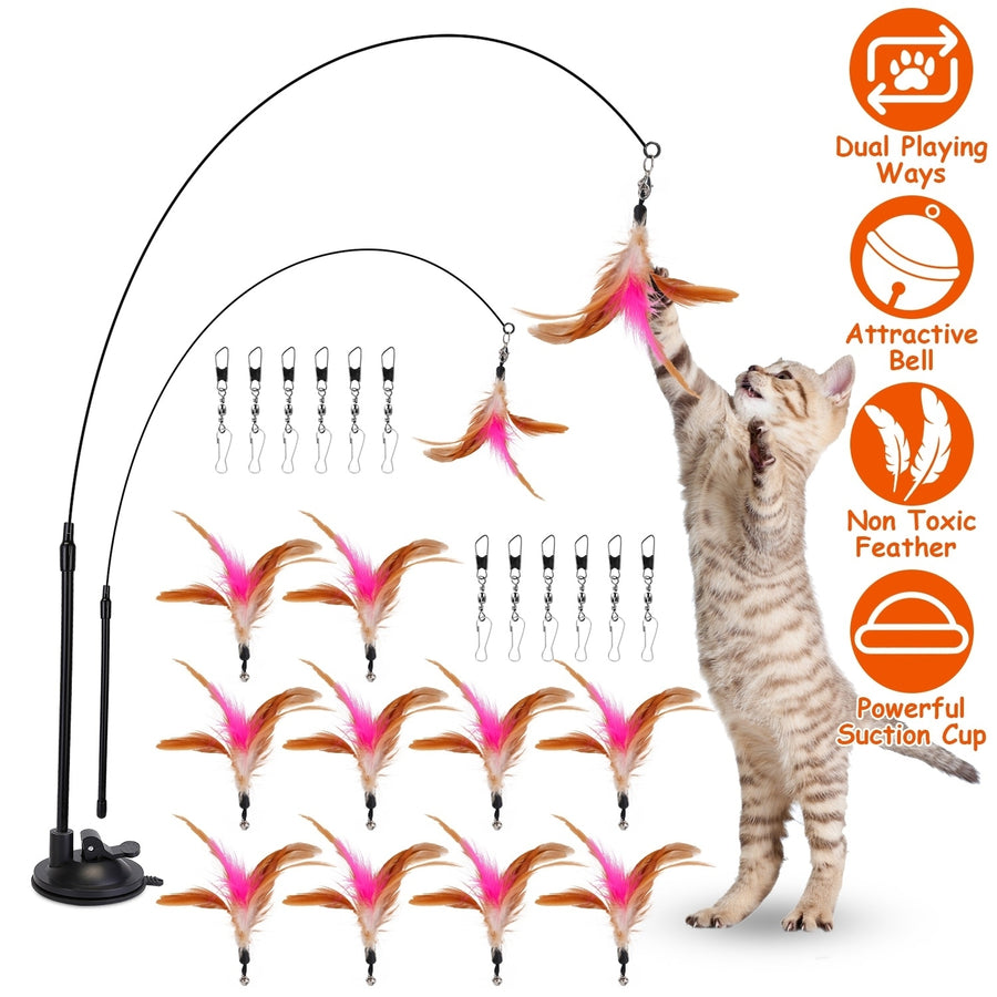 Cat Feather Toys Wand Rod Interactive Cat Spring Bell Play Toys with 12Pcs Feather Replacements Sticky Suction Cup Base Image 1