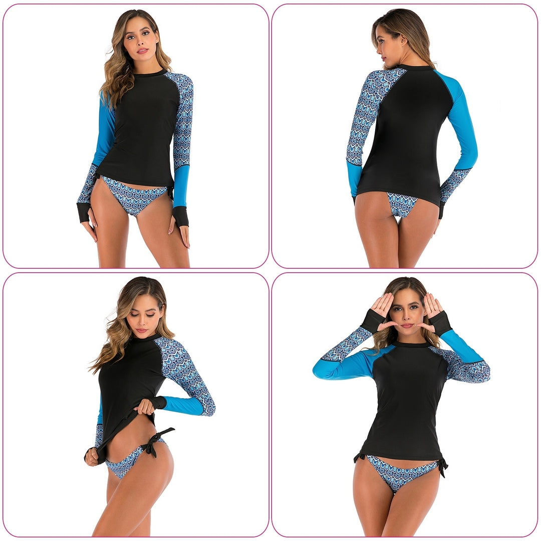 Women 2 Piece Long Sleeve Swimsuit Swim Shirt Bathing Wetsuit Printed Surfing Swimwear Top Image 4