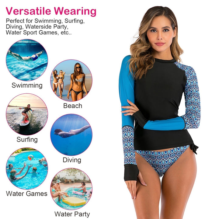 Women Long Sleeve Surfing Swimsuit 2 Piece Bathing Suit Polyester Blue S-XL Image 4