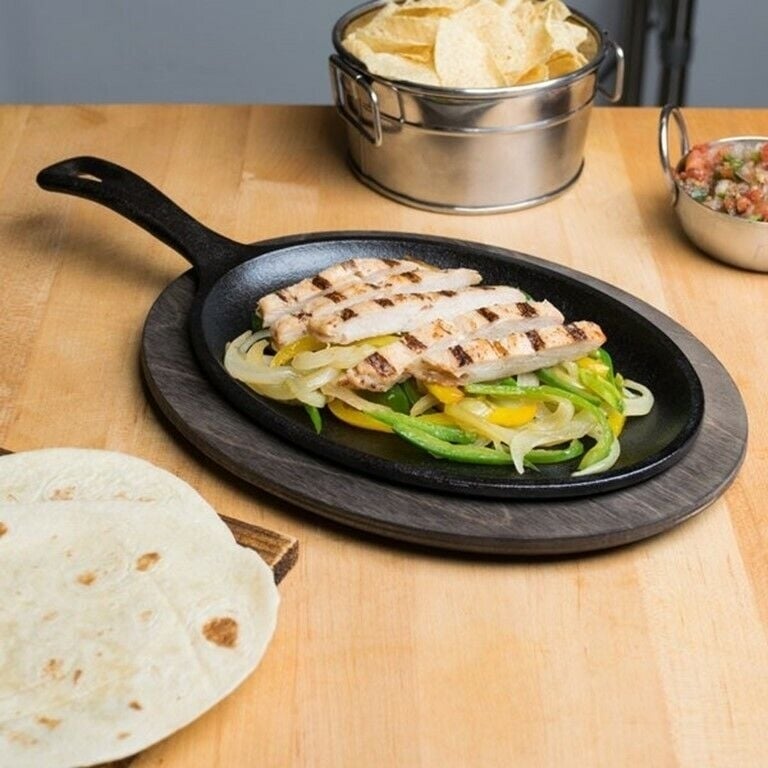 9" x 7" Oval Cast Iron Fajita Skillet with Handle and Wooden Base by MyXOHome Image 4
