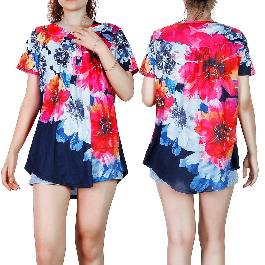 Women Summer Shirts Tops Loose Short Sleeve T Shirts Casual Floral Printed Image 4