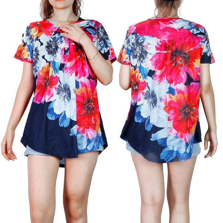 Women Summer Shirts Tops Loose Short Sleeve T Shirts Casual Floral Printed Image 1