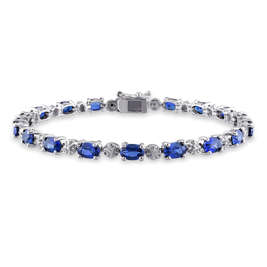 9.50 Carat (ctw) Lab-Created Blue Sapphire Bracelet in Sterling Silver with Accent Diamonds (7.25 Inches) Image 1