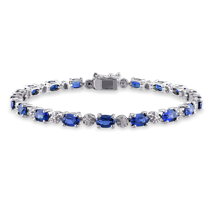 9.50 Carat (ctw) Lab-Created Blue Sapphire Bracelet in Sterling Silver with Accent Diamonds (7.25 Inches) Image 1