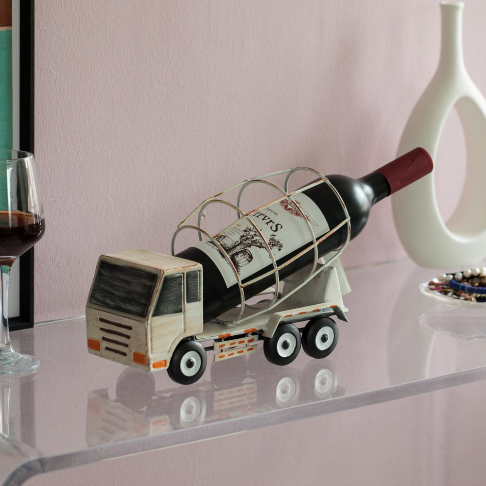Decorative Rustic Metal White Single Bottle Cement Truck Wine Holder for Tabletop or Countertop Image 2