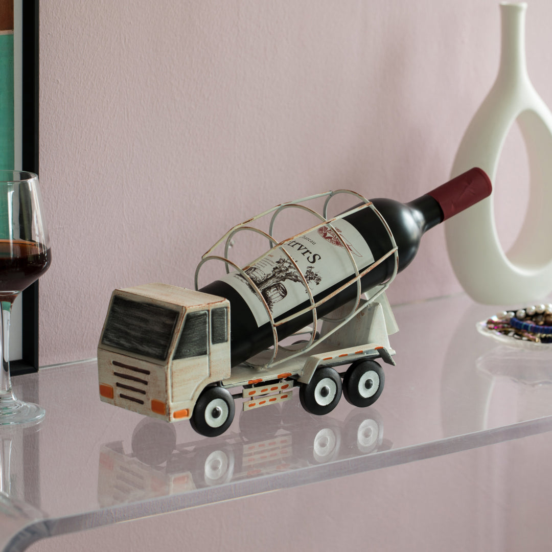 Decorative Rustic Metal White Single Bottle Cement Truck Wine Holder for Tabletop or Countertop Image 2