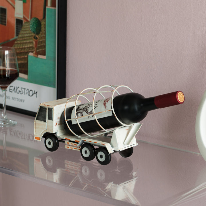 Decorative Rustic Metal White Single Bottle Cement Truck Wine Holder for Tabletop or Countertop Image 3