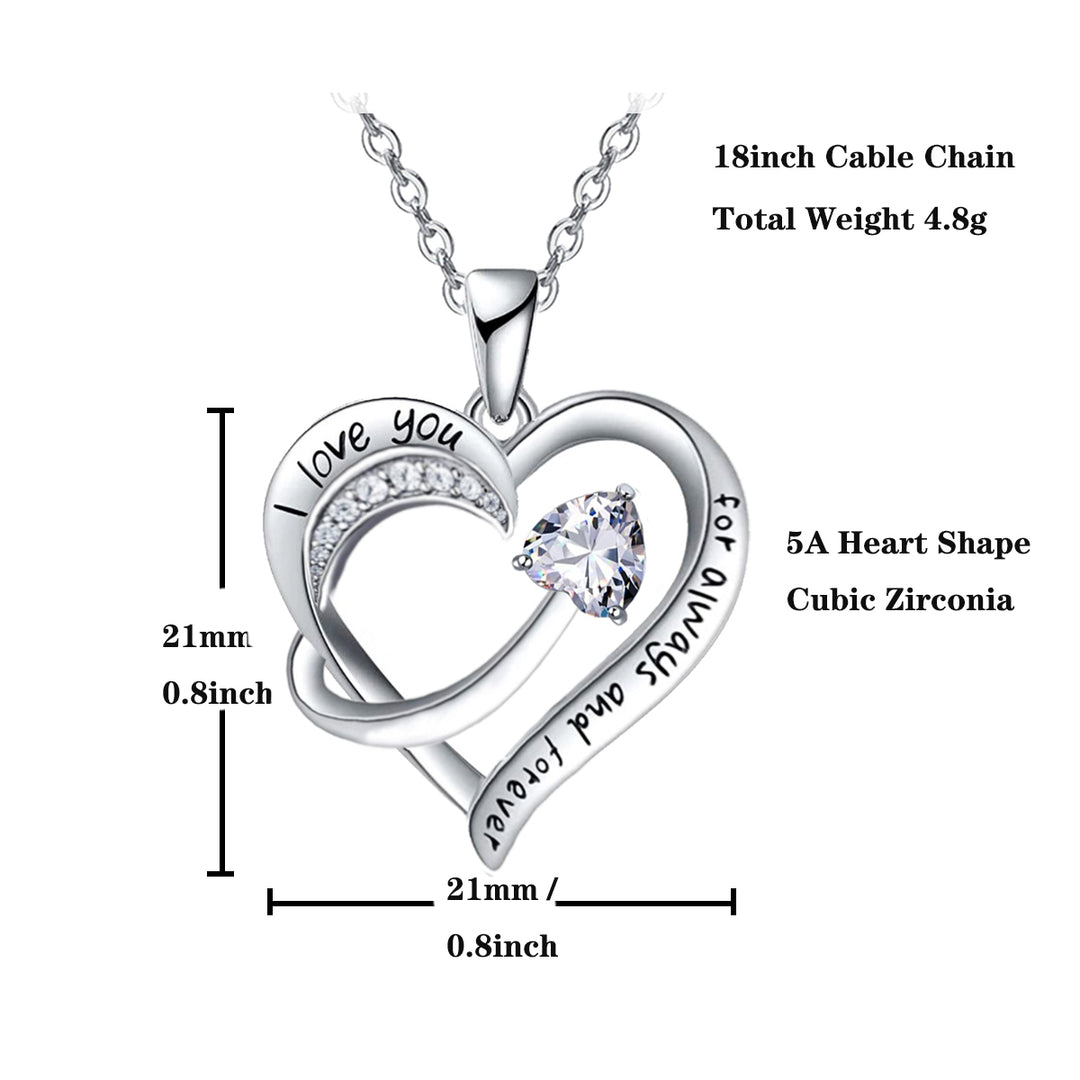 Women Jewelry Love CZ Diamond Heart  Engraved "I love you for always and forever" Pendant Necklace, Image 10