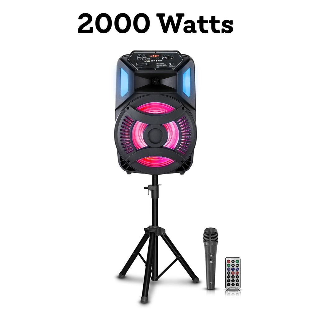 Technical Pro Rechargeable 1200 Watts 12" Bluetooth LED Speaker w/ FM RadioLED WooferSD/USB InputsWired Mic and Remote Image 2