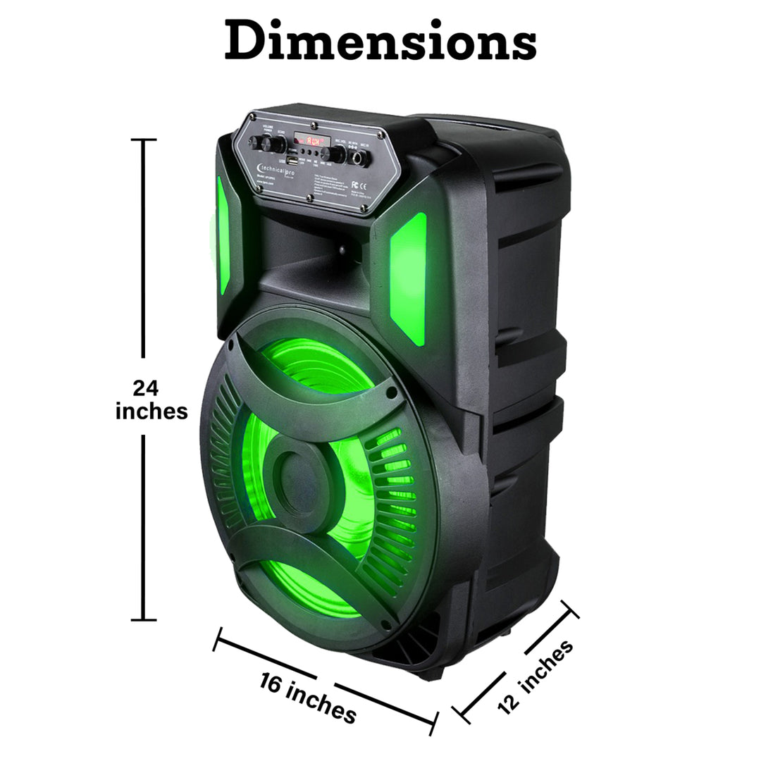 Technical Pro Rechargeable 1200 Watts 12" Bluetooth LED Speaker w/ FM RadioLED WooferSD/USB InputsWired Mic and Remote Image 4