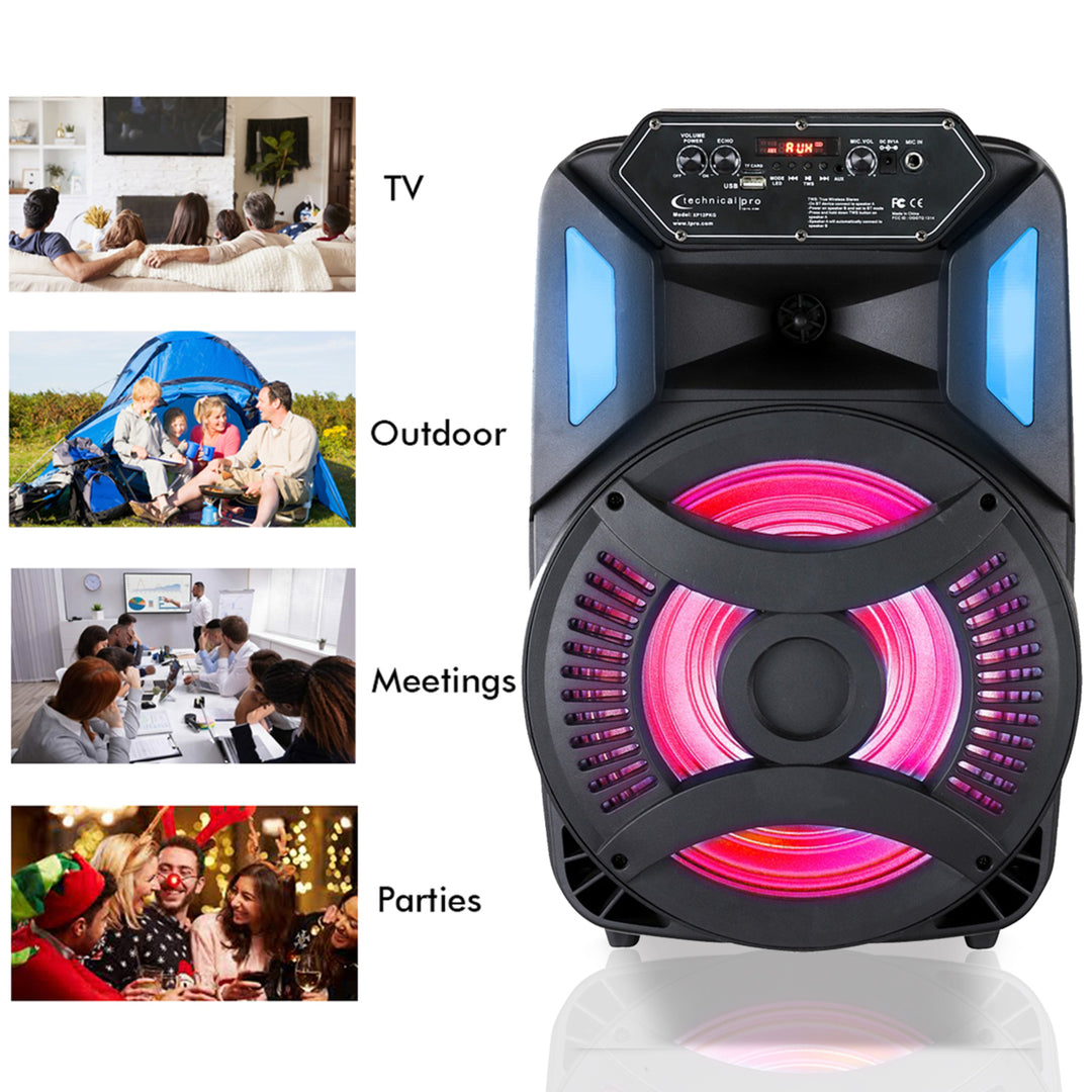 Technical Pro Rechargeable 1200 Watts 12" Bluetooth LED Speaker w/ FM RadioLED WooferSD/USB InputsWired Mic and Remote Image 7