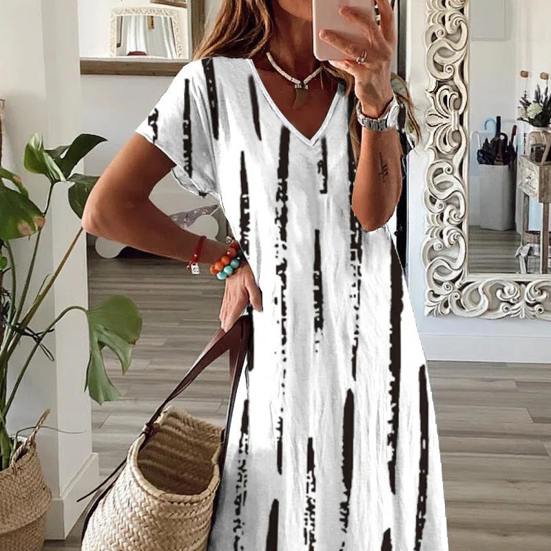 Striped Short Sleeve V Neck Plus Size Casual Dresses Image 2