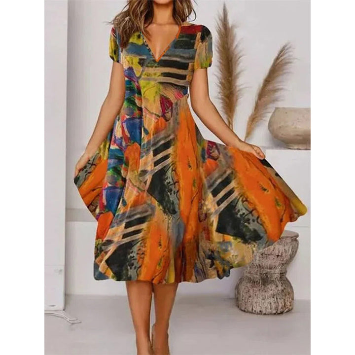 Boho Printed V Neck Floral Weaving Dress Image 1