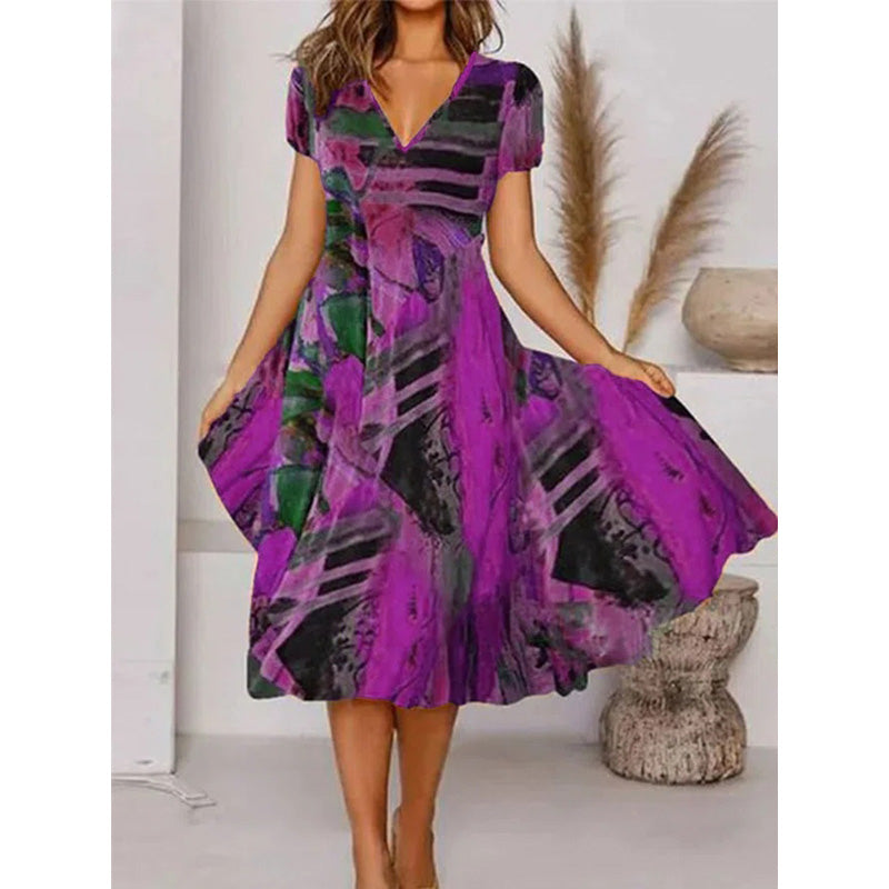 Boho Printed V Neck Floral Weaving Dress Image 2