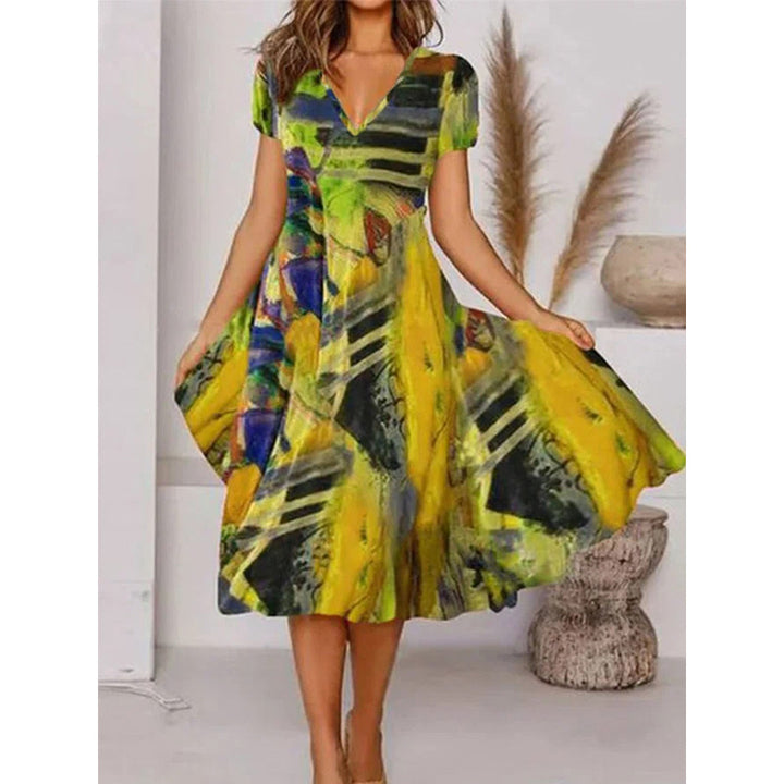 Boho Printed V Neck Floral Weaving Dress Image 4