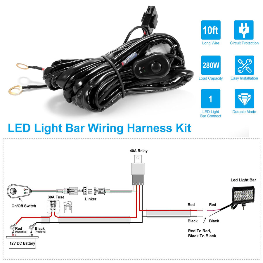 LED Light Bar Wiring Harness Kit 280W 12V 40A Power Relay Fuse Image 1