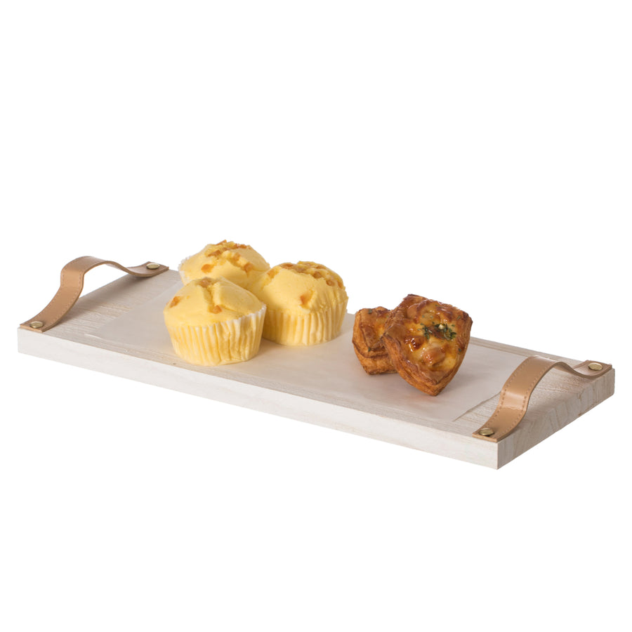 Decorative Natural Wooden Rectangular Tray Serving Board with Brown Leather Handles Image 1