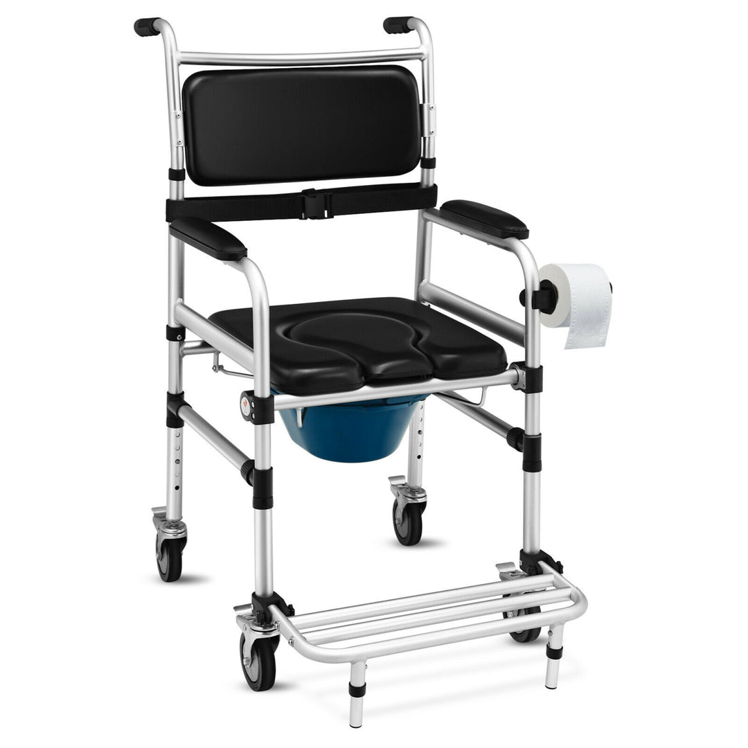 2-in-1 Aluminum Commode/Shower Wheelchair w/ Locking Casters Adjustable Height Image 1