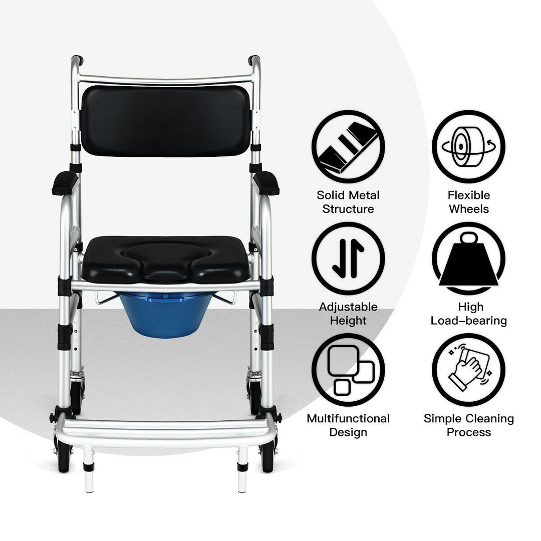 2-in-1 Aluminum Commode/Shower Wheelchair w/ Locking Casters Adjustable Height Image 4